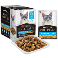 PRO PLAN Adult Urinary Care Chicken in Gravy carton, pouch and a serving of the pieces on a tray