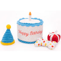 Zippy Paws Interactive Burrow dog toy: a birthday cake with squeaky party toys