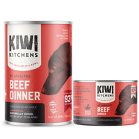 Kiwi Kitchens Beef Dinner canned dog food, the tall 375 g can beside the shorter 170 g can.
