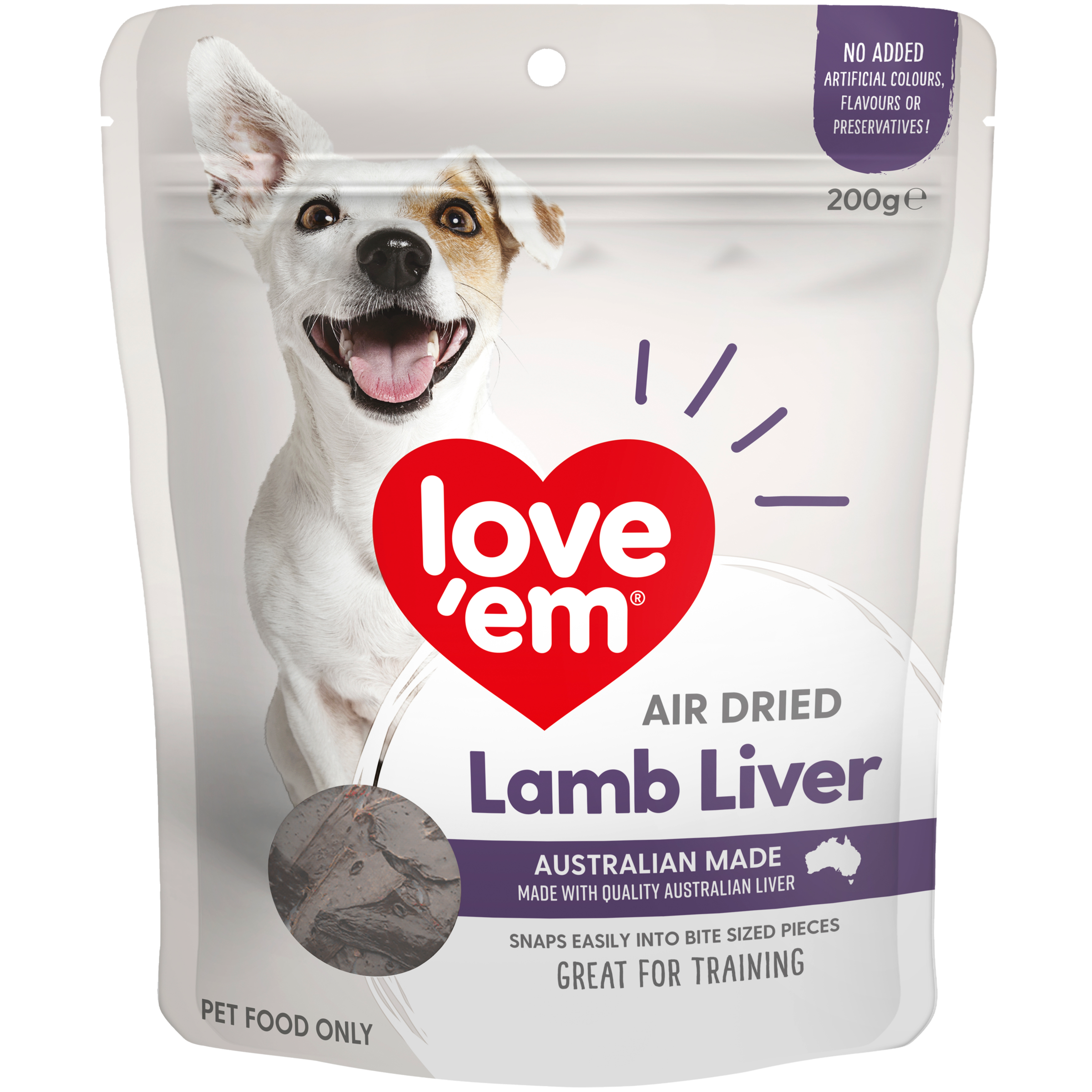 Love'em Air Dried Lamb Liver Dog Treats front of pack