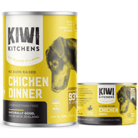Kiwi Kitchens Chicken Dinner canned dog food, the tall 375 g can beside the shorter 170 g can.