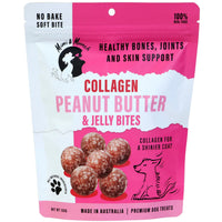 Mimi & Munch Collagen Peanut Butter & Jelly Bites for dogs, front of the pink pouch