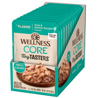 Row of twelve Wellness CORE Tiny Tasters Flaked Tuna & Salmon in Broth cat food pouches