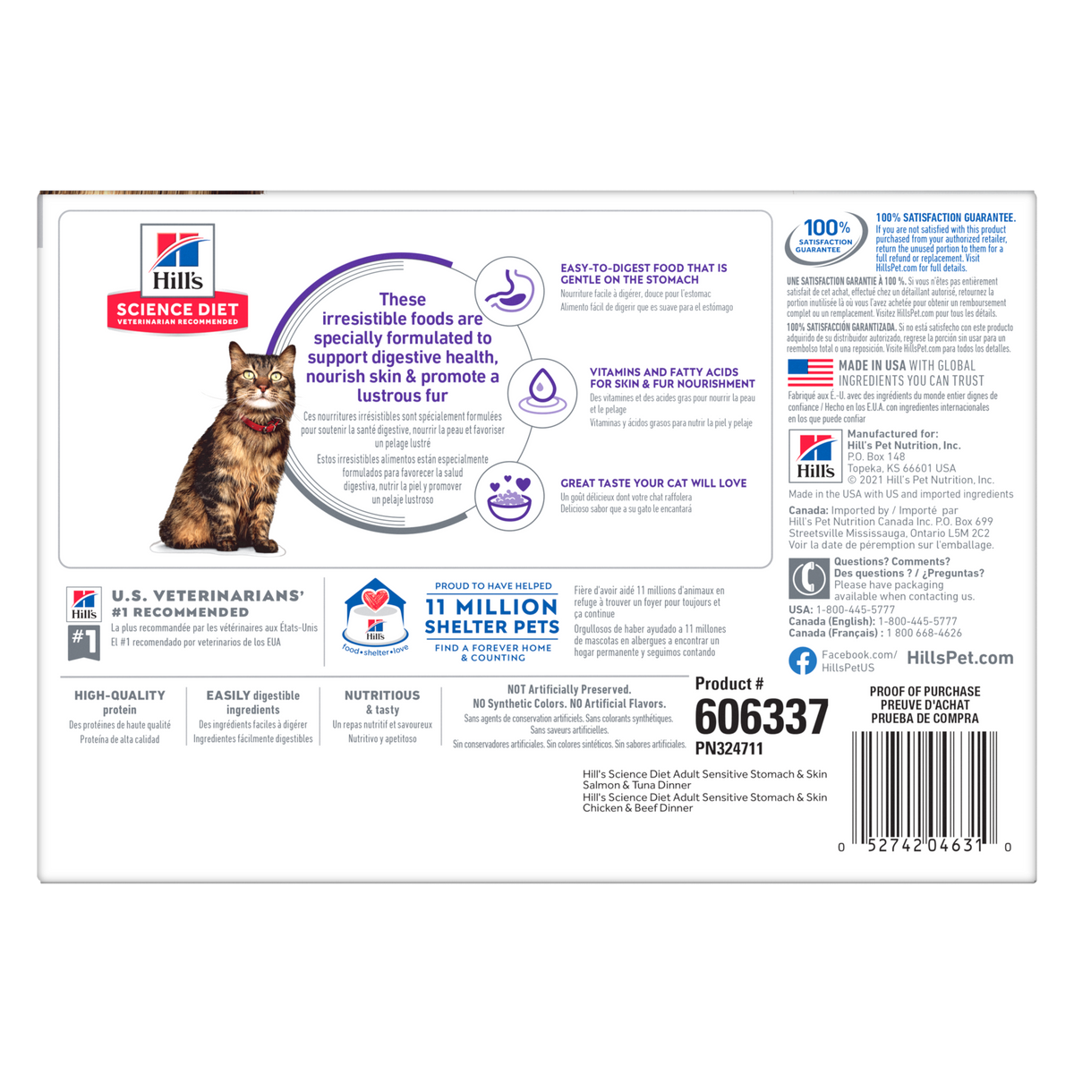 Back of the Hill's Adult Sensitive Stomach and Skin cat food variety pack box