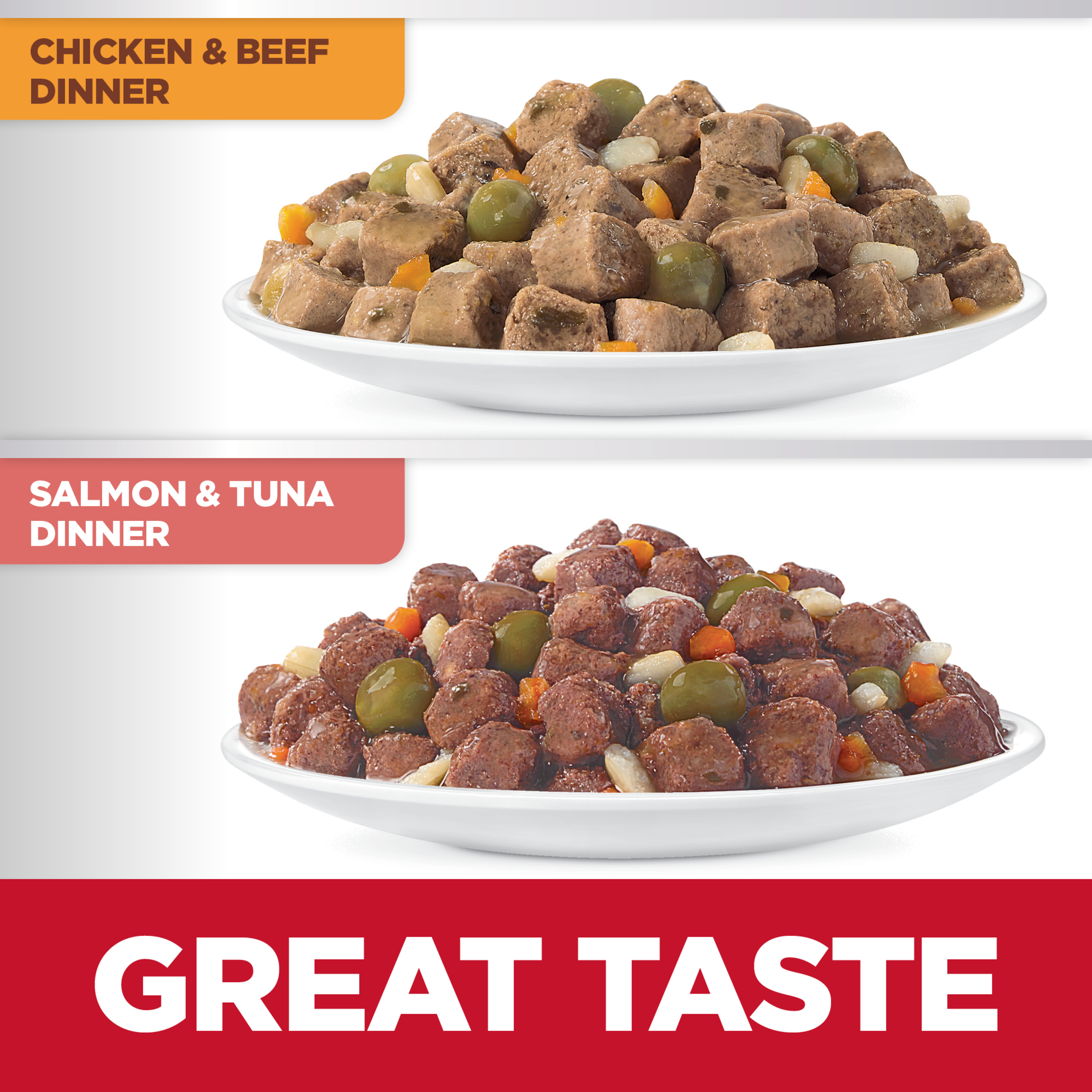 Bowls of Hill's Sensitive Stomach and Skin chicken and beef dinner and salmon and tuna dinner