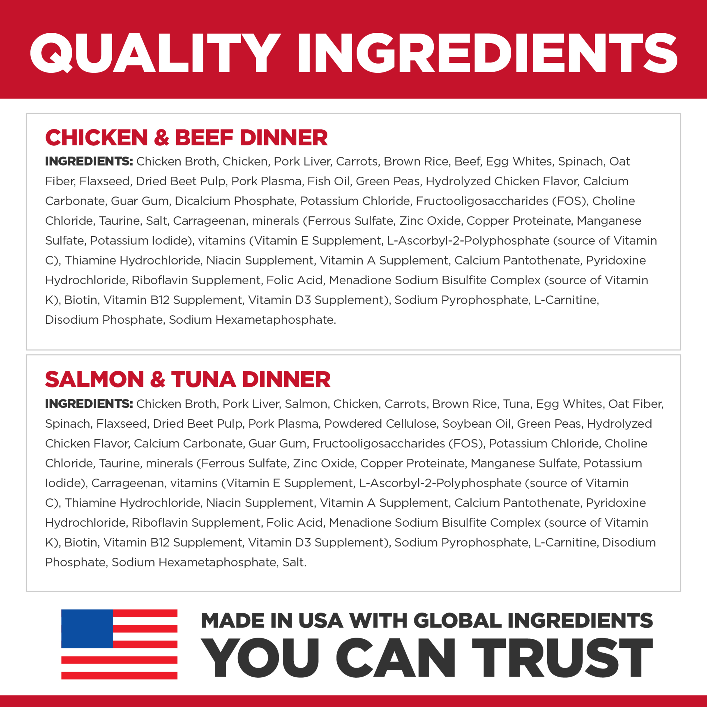 Quality ingredients panel for both the chicken and beef and salmon and tuna Hill's cat recipes