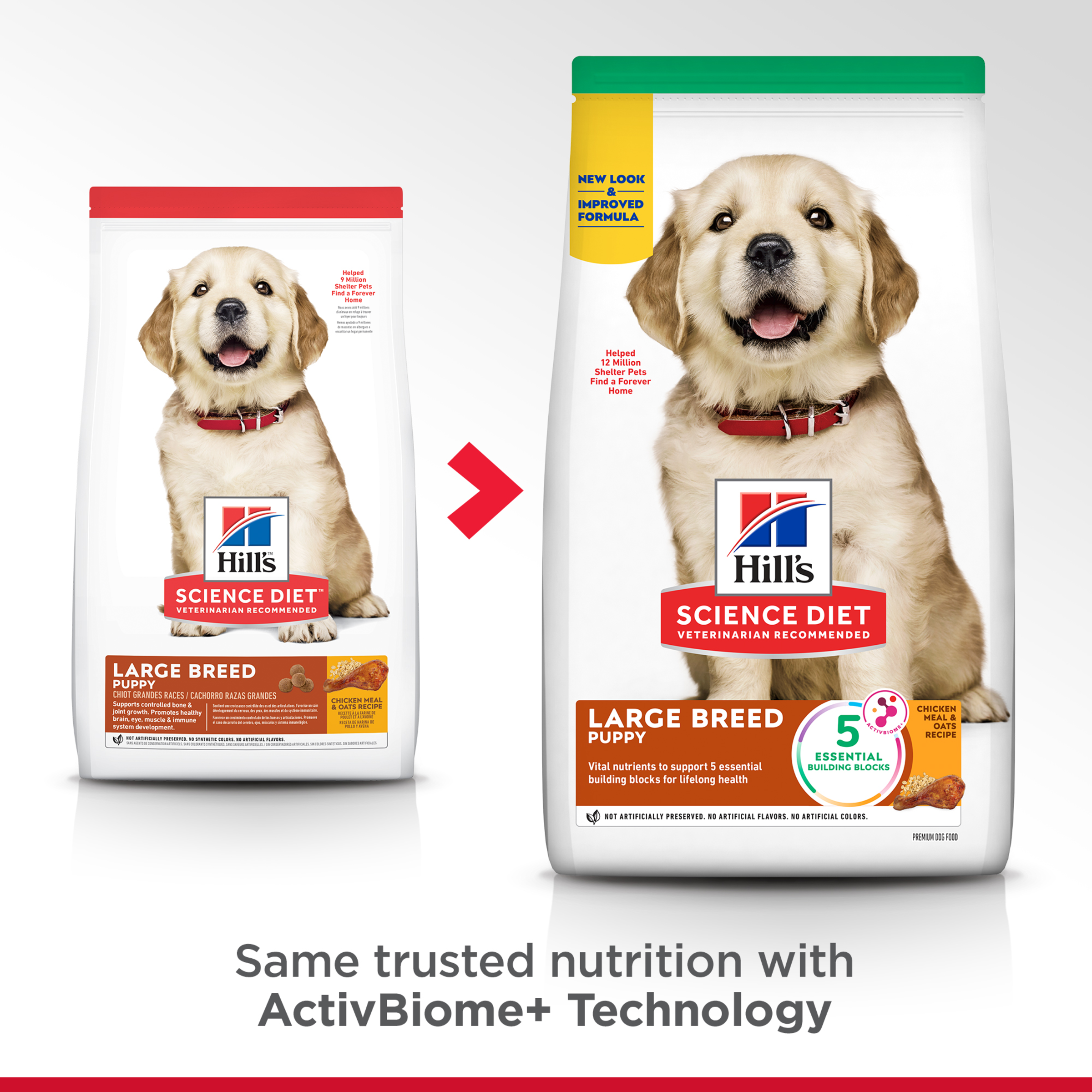 Same trusted nutrition with ActivBiome+ Technology: old and new Hill's Large Breed Puppy bags
