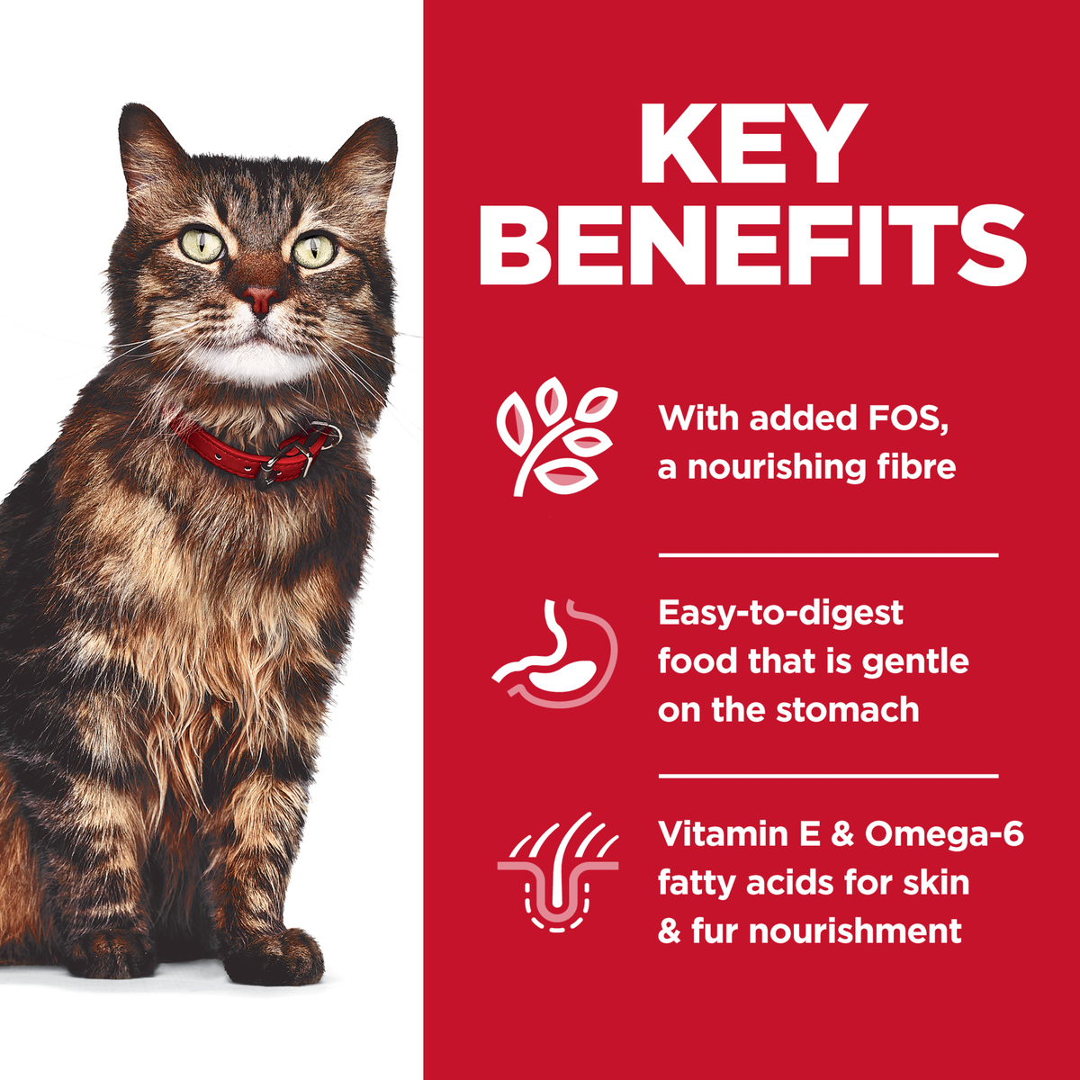 Key benefits panel: added FOS fibre, easy to digest and vitamin E with omega-6 for skin and fur