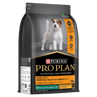 PRO PLAN Adult Small & Toy Breed Chicken 2.5kg dry dog food bag, front of pack, with a terrier