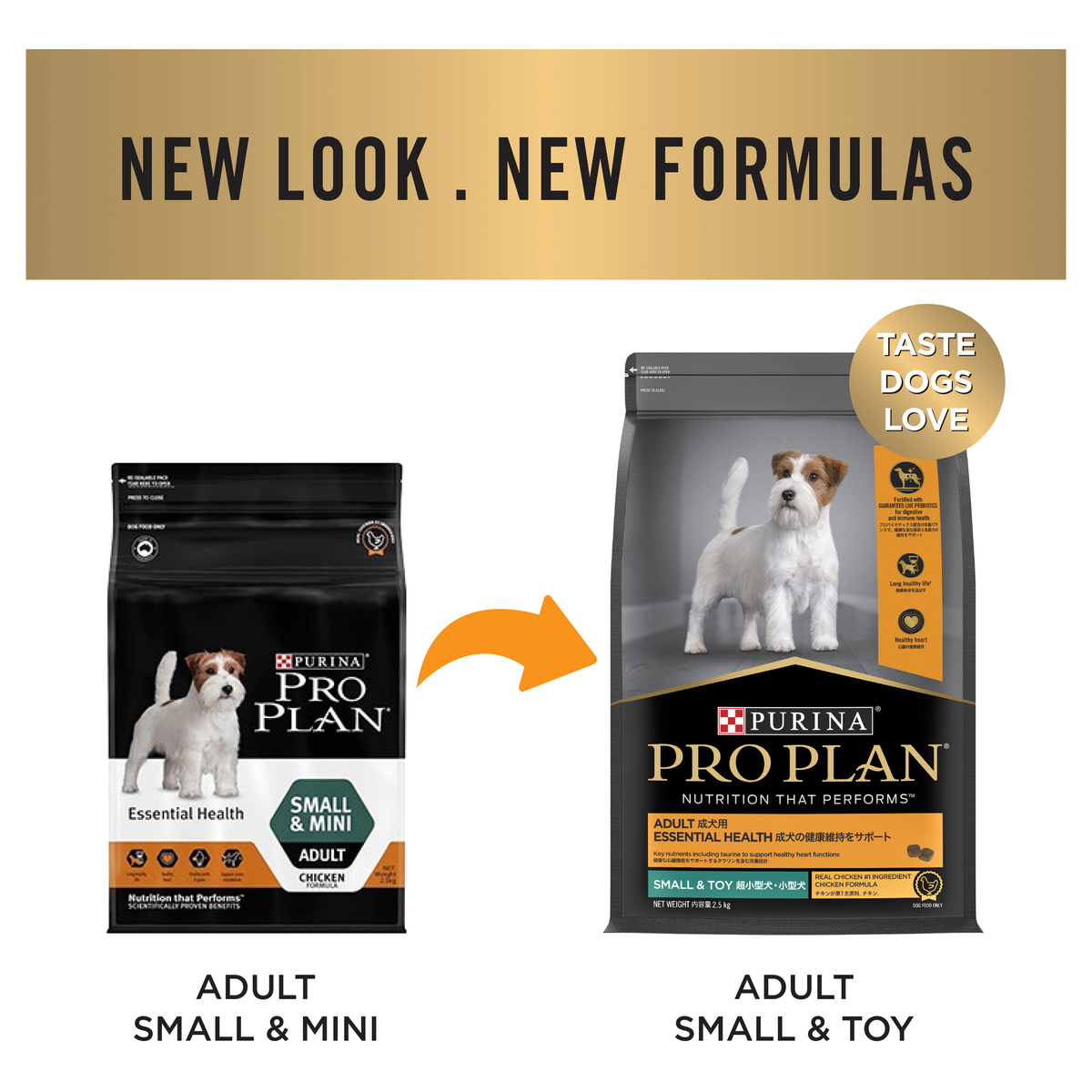 PRO PLAN new look and new formulas notice: the old Adult Small & Mini bag beside Adult Small & Toy