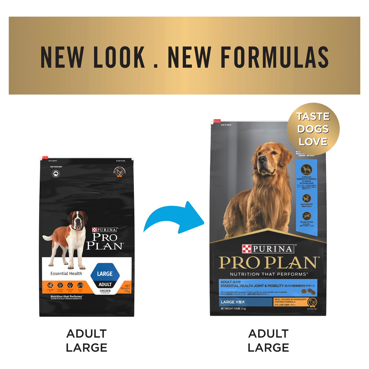 PRO PLAN new look and new formulas notice: the old Adult Large bag beside the new Adult Large bag