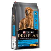 PRO PLAN Adult Large Breed Chicken dry dog food bag, front of pack, with a golden retriever