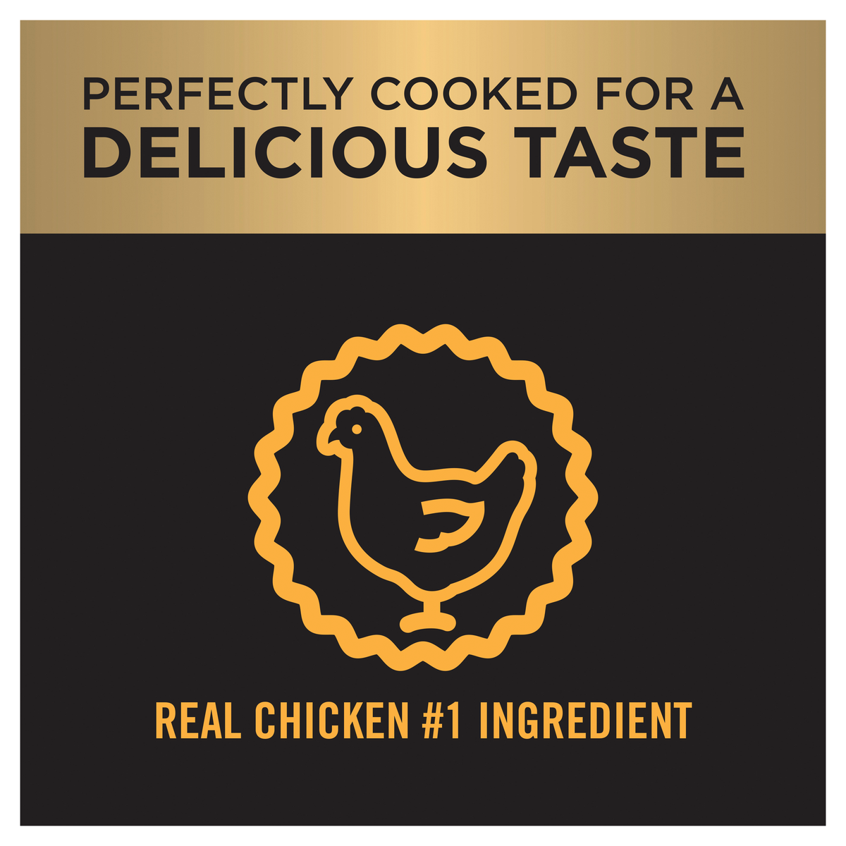 PRO PLAN chicken icon panel: real chicken as the number one ingredient, perfectly cooked for taste