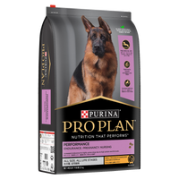 PRO PLAN Adult Performance Chicken dry dog food bag, front of pack, with a German shepherd