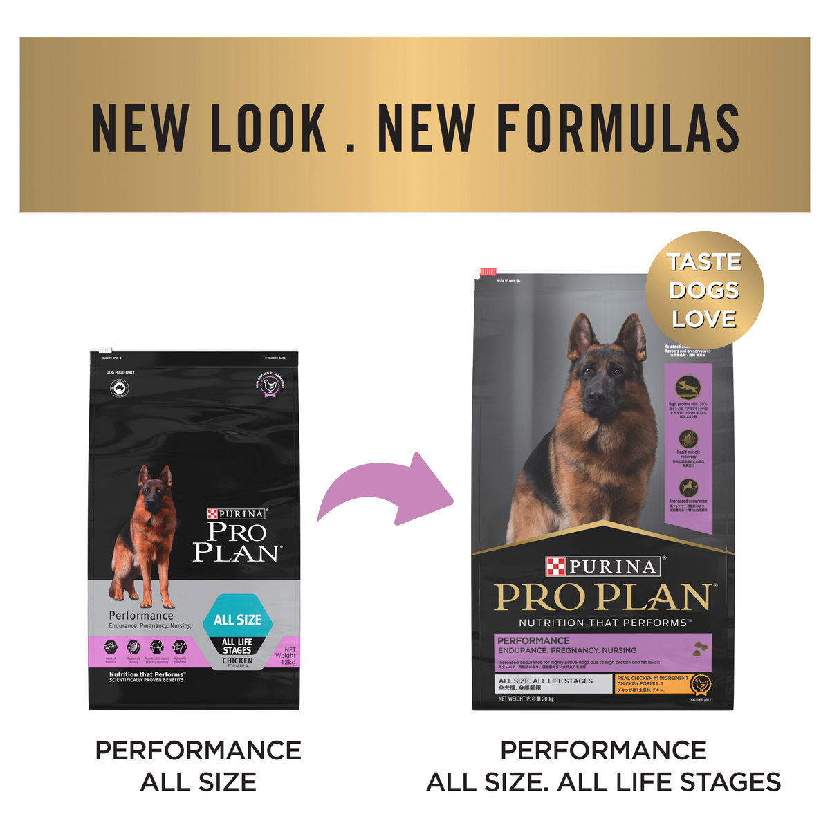 PRO PLAN new look and new formulas notice: the old Performance bag beside the new Performance bag