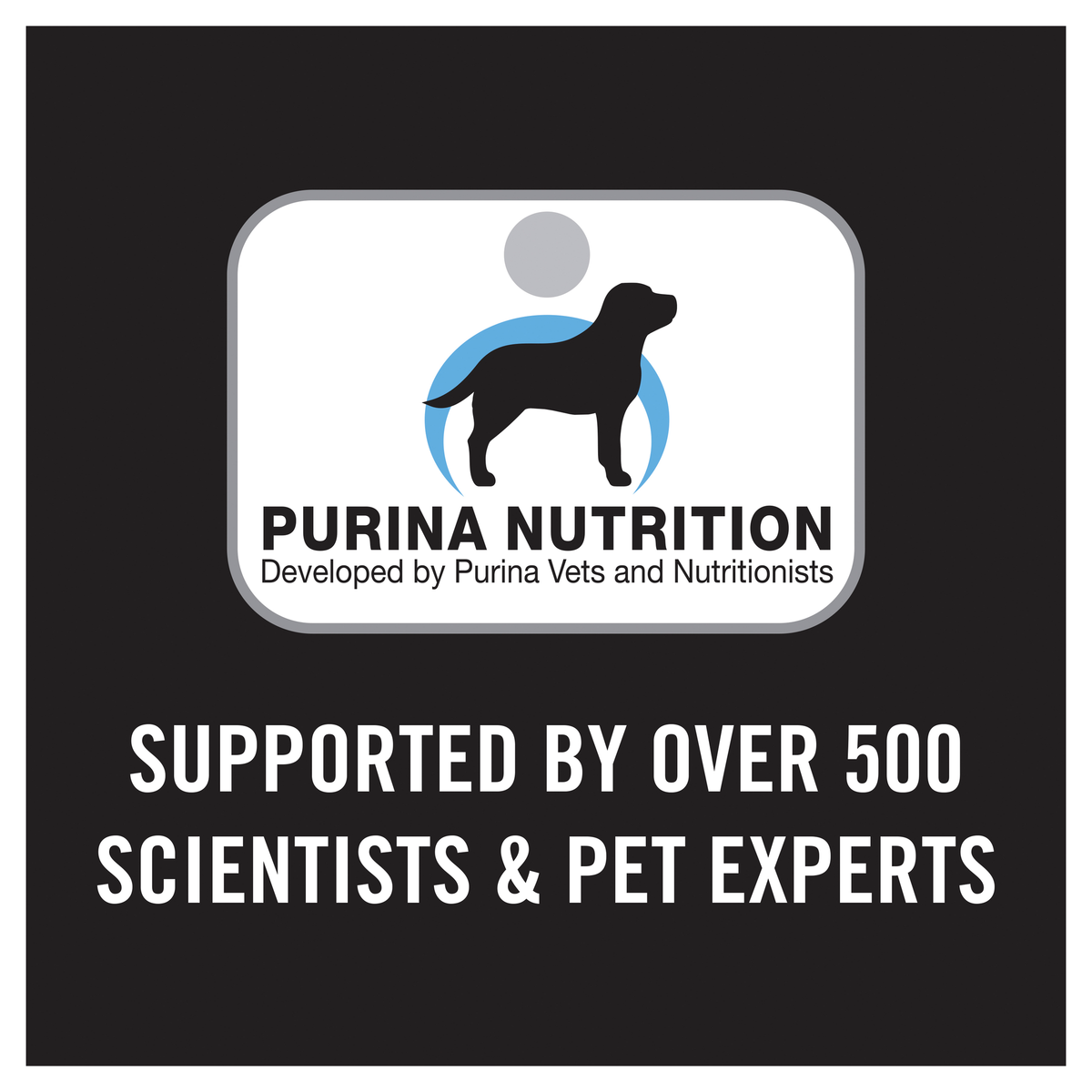 Purina Nutrition badge: supported by over 500 scientists and pet experts