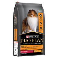 PRO PLAN Adult Medium Breed Chicken dry dog food bag, front of pack, with a collie