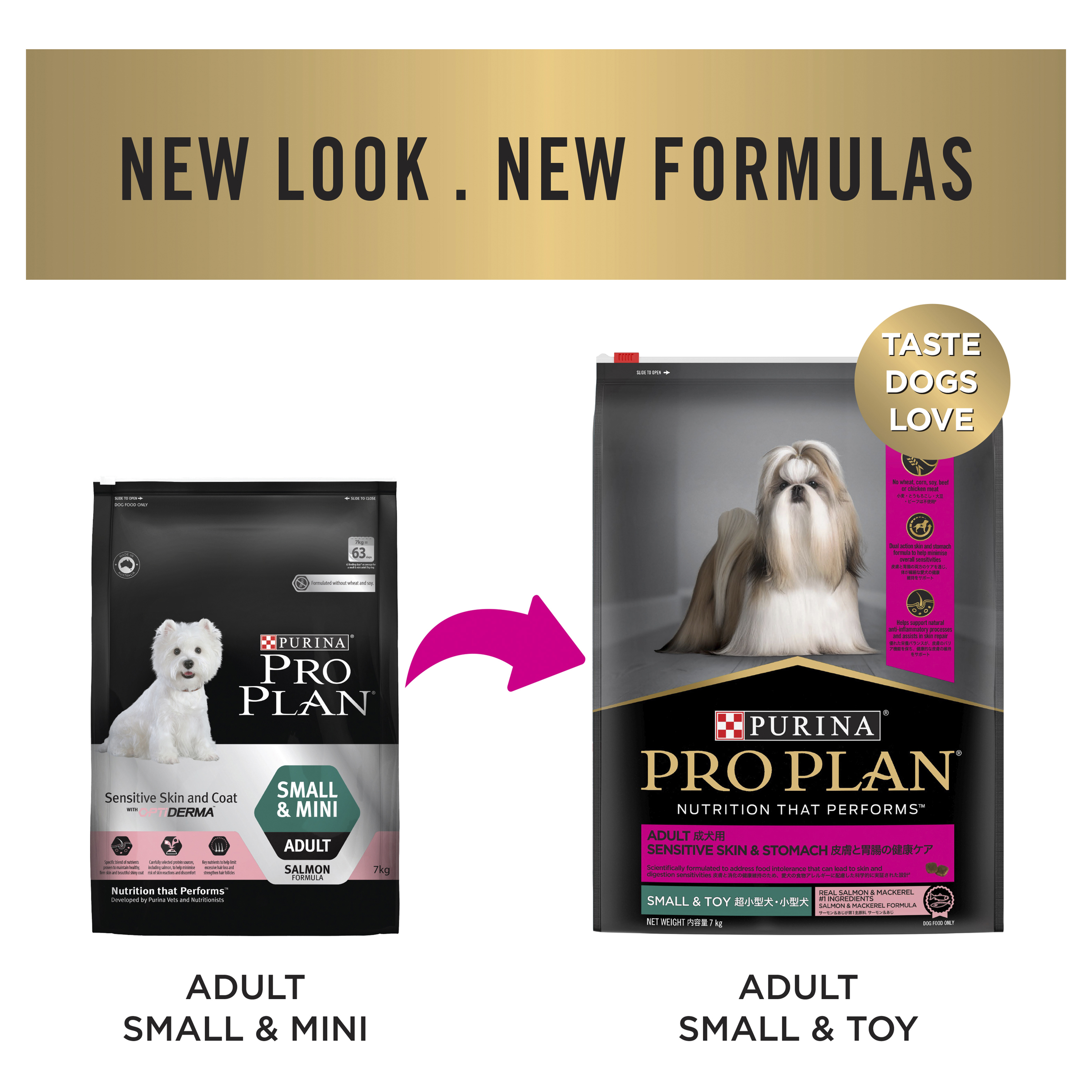 PRO PLAN new look and new formulas notice: the old Adult Small & Mini bag beside Adult Small & Toy