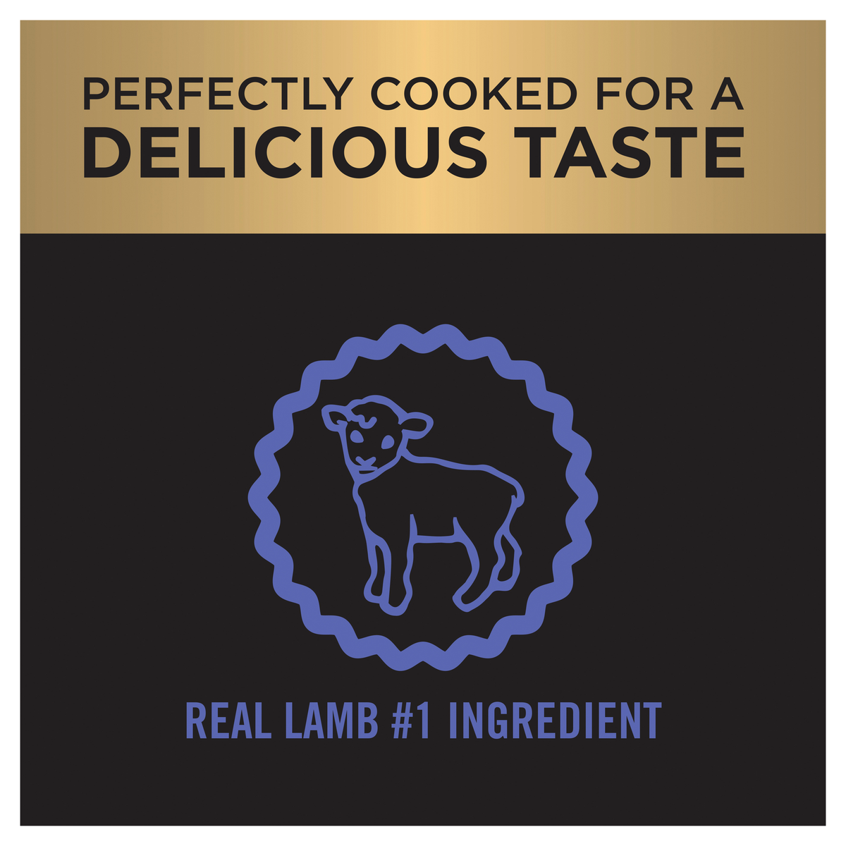 PRO PLAN lamb icon panel: real lamb as the number one ingredient, perfectly cooked for taste