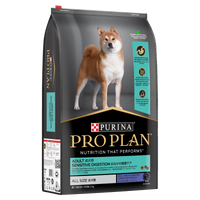 PRO PLAN Adult Sensitive Digestion Lamb dry dog food bag, front of pack, with a shiba inu