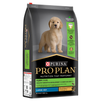 PRO PLAN Puppy Large Breed Chicken dry dog food bag, front of pack, with a golden retriever puppy