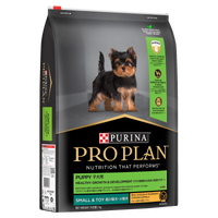 PRO PLAN Puppy Small & Toy Breed Chicken dry dog food bag, angled to show front and side