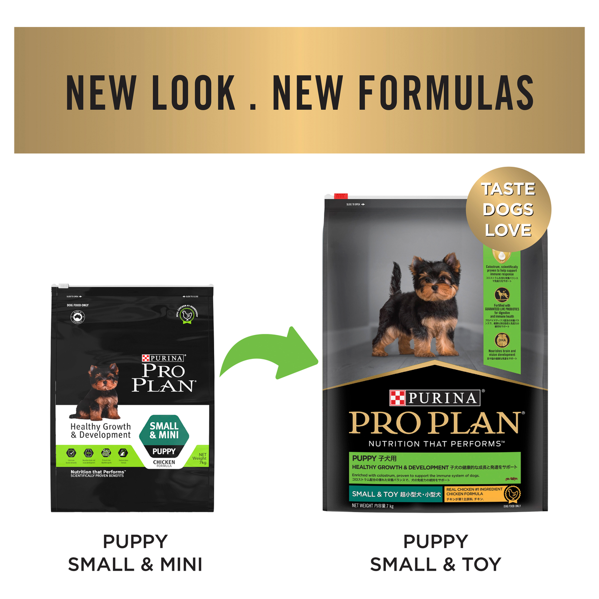 PRO PLAN new look and new formulas notice: the old Puppy Small & Mini bag beside Puppy Small & Toy
