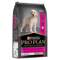 PRO PLAN Puppy Sensitive Skin & Stomach dry dog food bag, angled to show the front and side