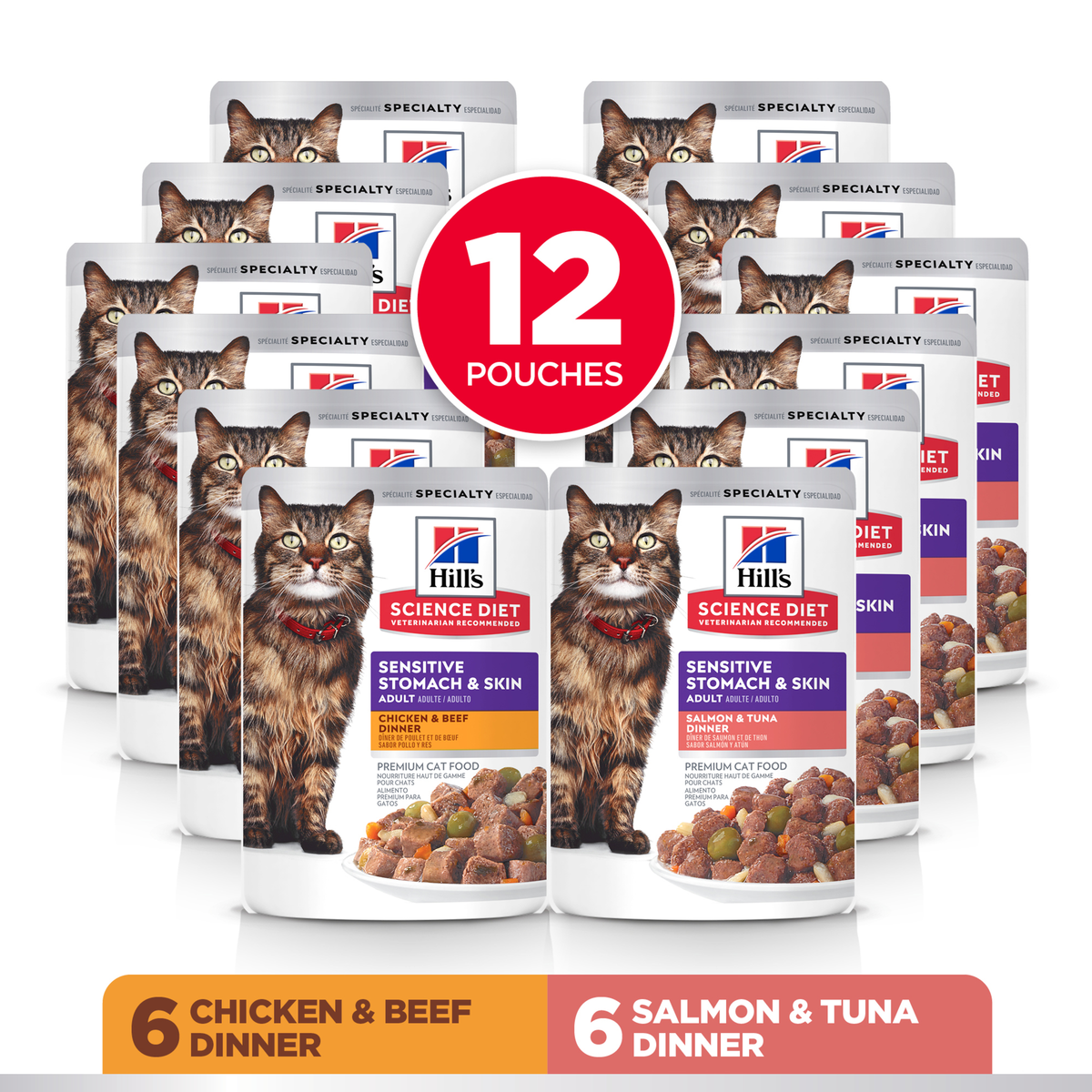 Twelve Hill's Sensitive Stomach and Skin pouches: six chicken and beef and six salmon and tuna