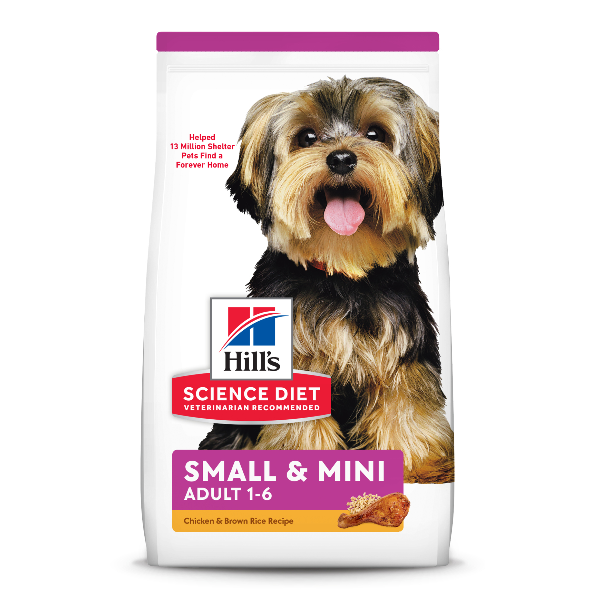 Hill's Science Diet Adult Small & Mini dog food bag with a shelter pets fed flash