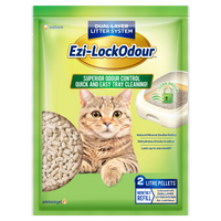 Ezi-LockOdour Natural Mineral Zeolite Pellets 2 litre pack front, showing a tabby cat