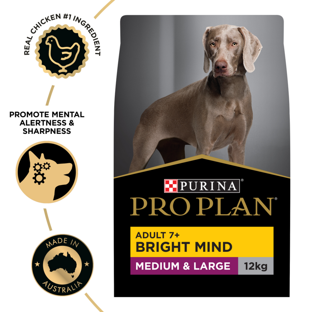 PRO PLAN Adult 7+ Bright Mind 12kg bag beside the chicken-first and mental sharpness badges