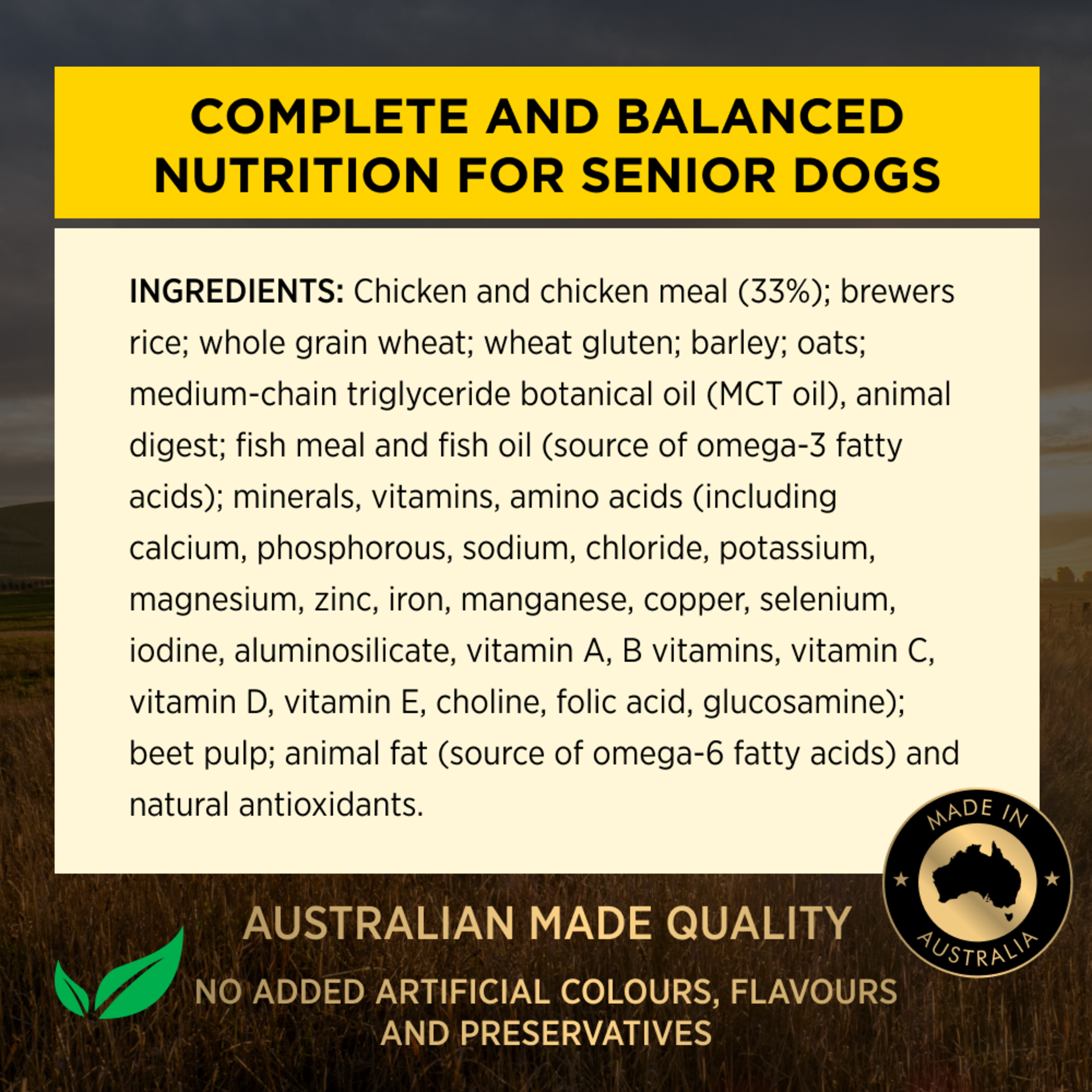 PRO PLAN Adult 7+ Bright Mind ingredients panel: complete and balanced nutrition for senior dogs