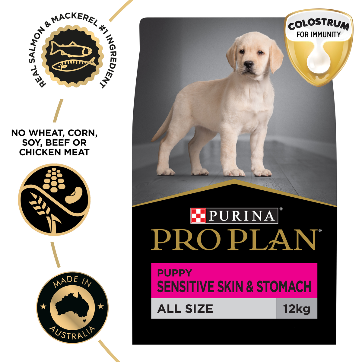 PRO PLAN Puppy Sensitive Skin & Stomach 12kg bag beside the salmon and mackerel and colostrum badges
