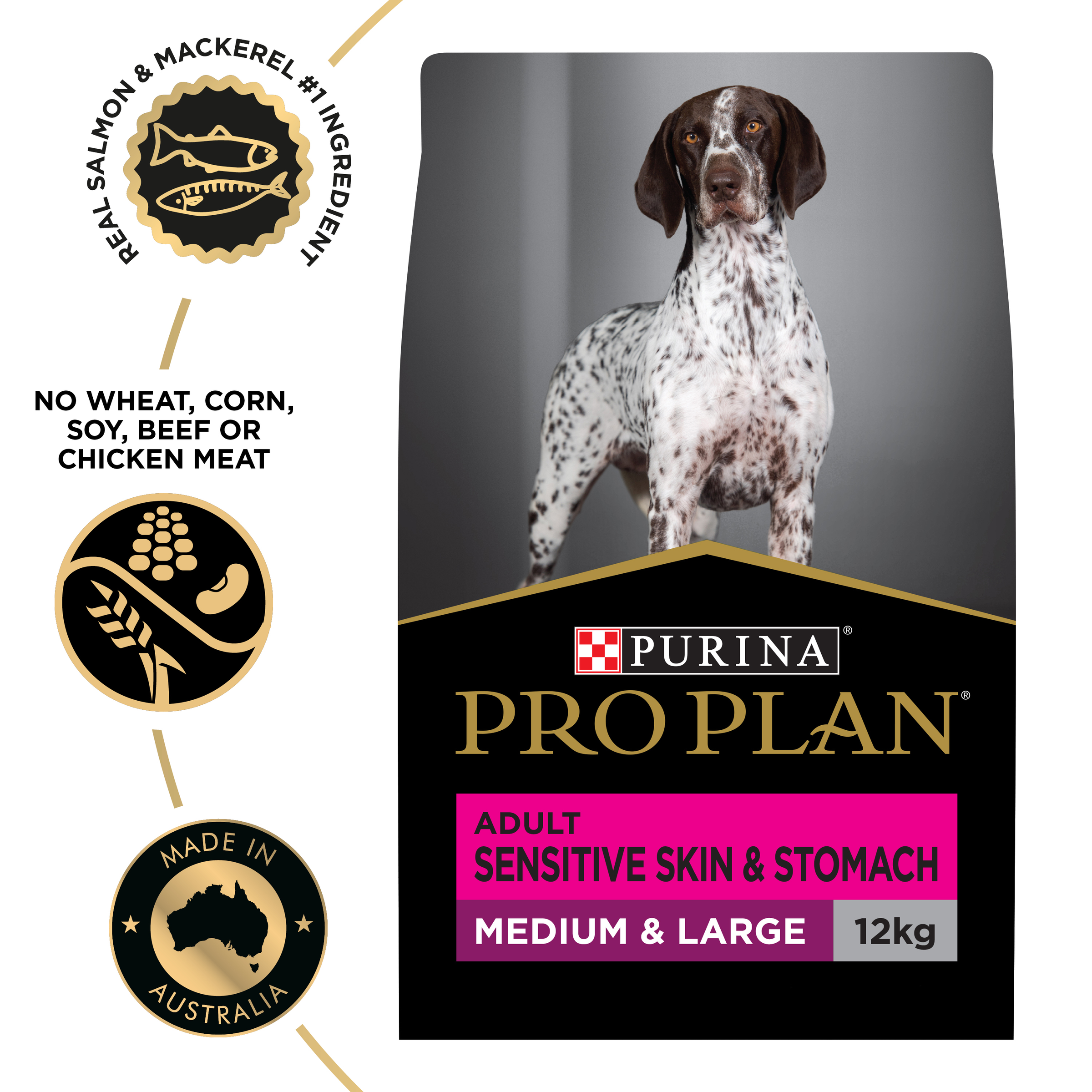 PRO PLAN Adult Sensitive Skin & Stomach Medium & Large 12kg bag beside the salmon and mackerel badges