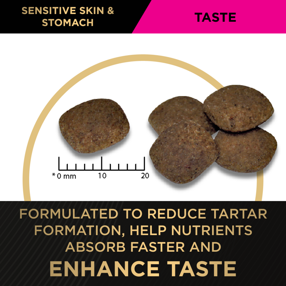 PRO PLAN Adult Sensitive Skin & Stomach kibble against a millimetre scale on the taste panel
