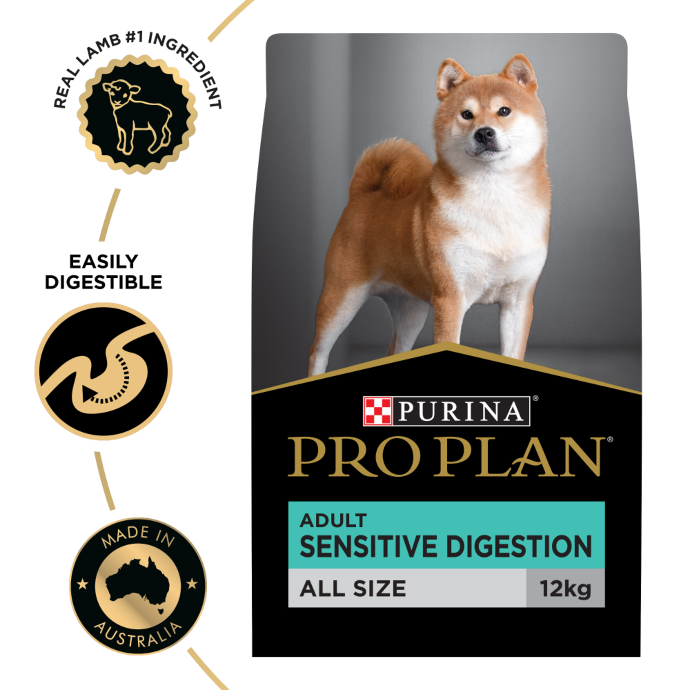 PRO PLAN Adult Sensitive Digestion 12kg bag beside the lamb-first and easily digestible badges