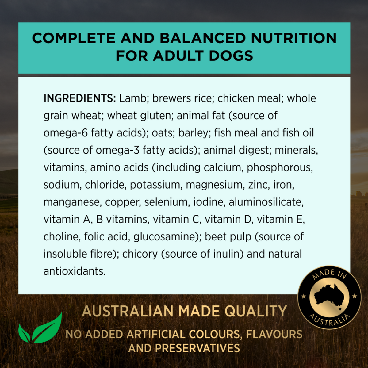 PRO PLAN Adult Sensitive Digestion ingredients panel: complete and balanced nutrition, lamb first