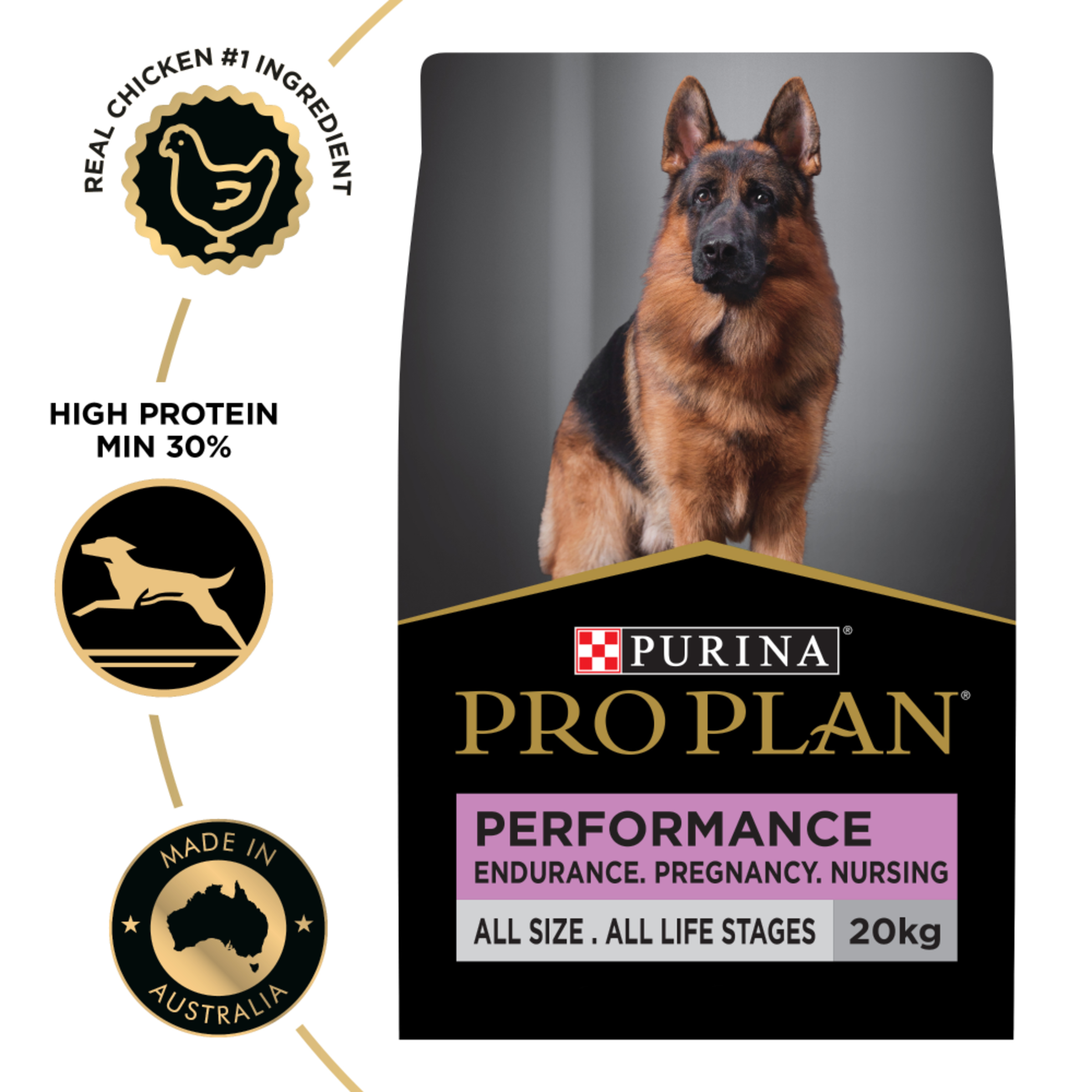 PRO PLAN Performance 20kg bag beside the chicken-first and minimum 30% protein badges