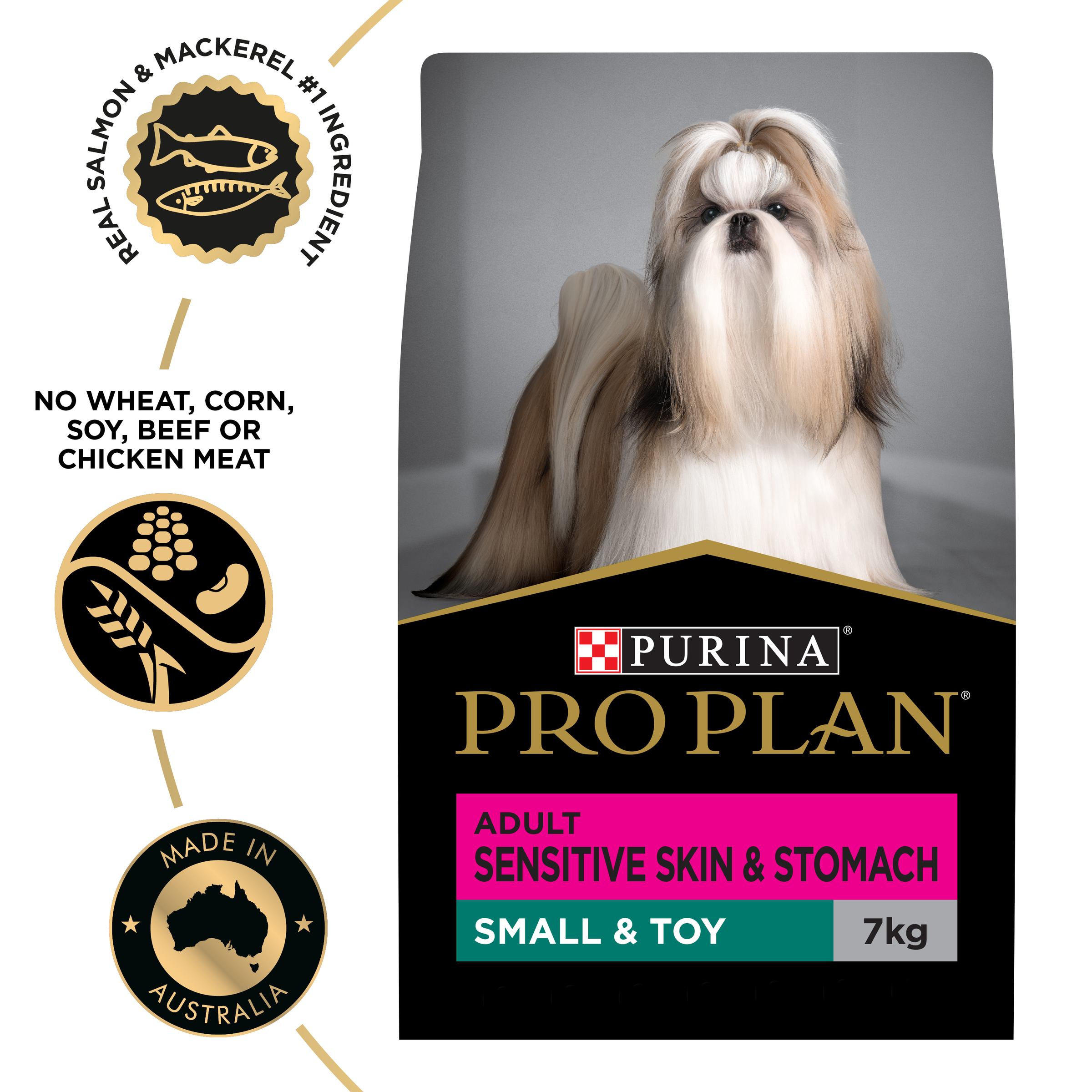 PRO PLAN Adult Sensitive Skin & Stomach Small & Toy 7kg bag beside the salmon and mackerel badges