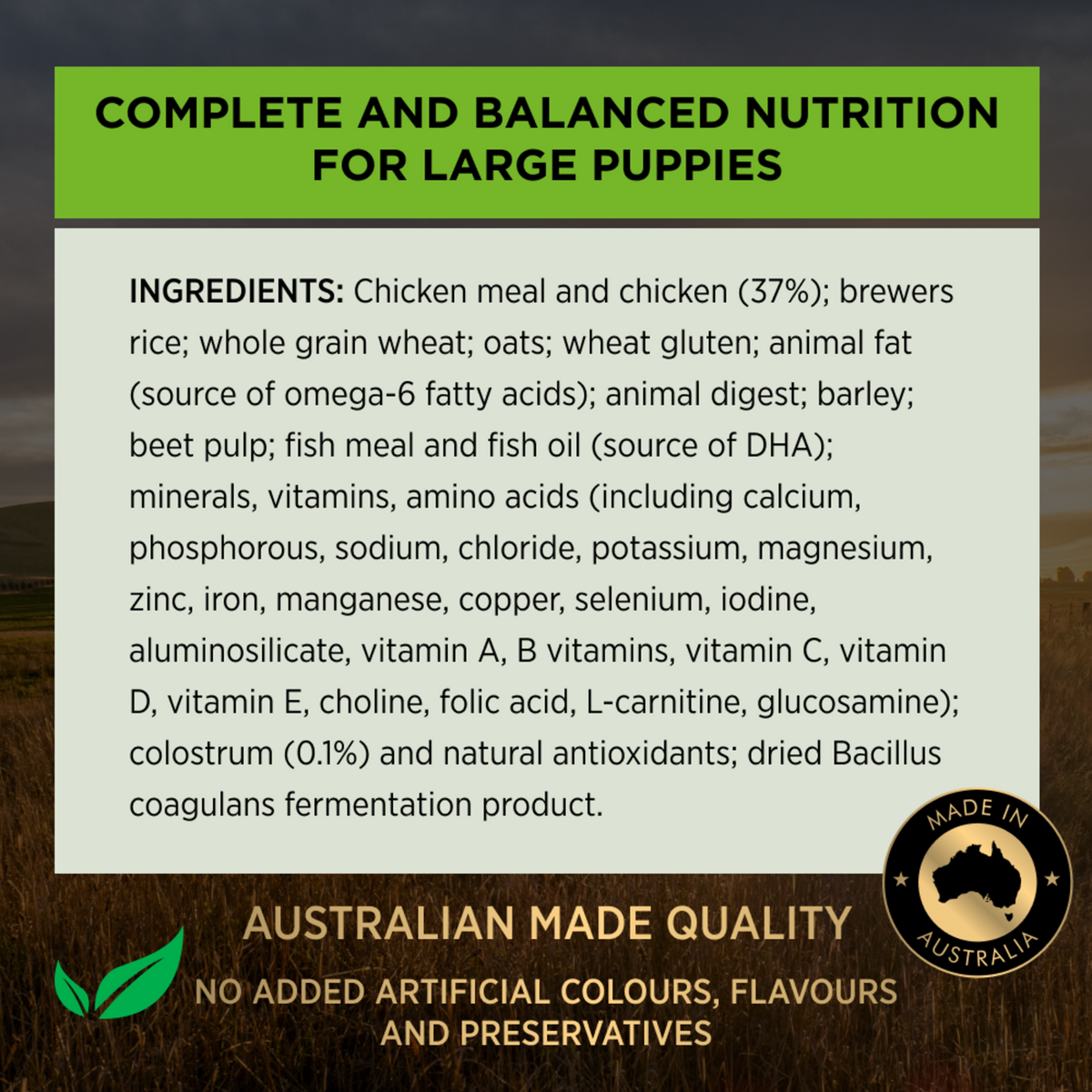 PRO PLAN Puppy Large ingredients panel: complete and balanced nutrition for large puppies