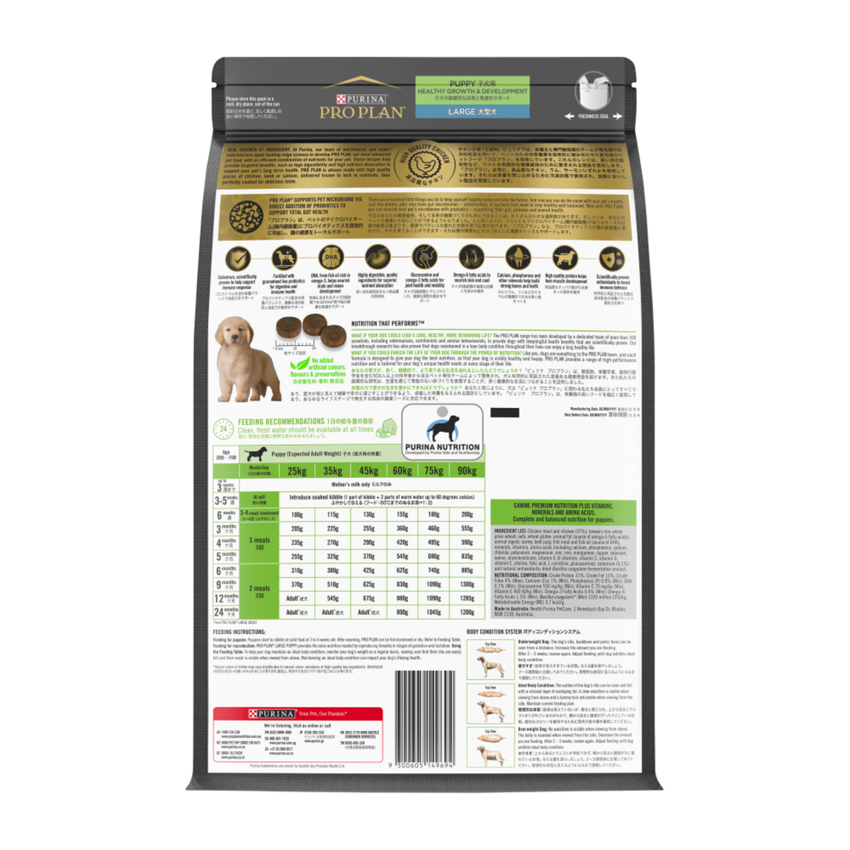 PRO PLAN Puppy Large Breed bag back, with the feeding tables and ingredients