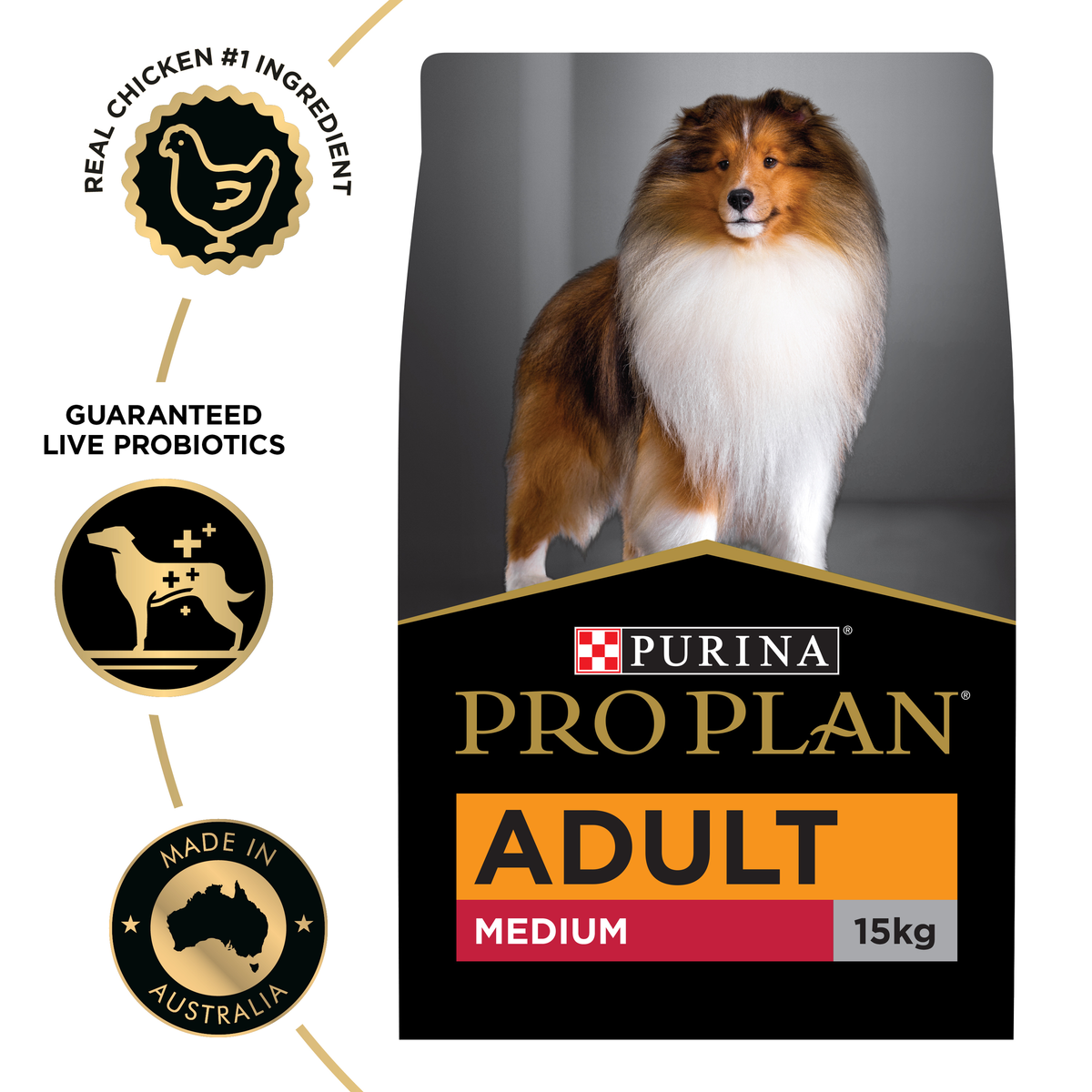 PRO PLAN Adult Medium 15kg bag beside the chicken-first and live probiotics badges