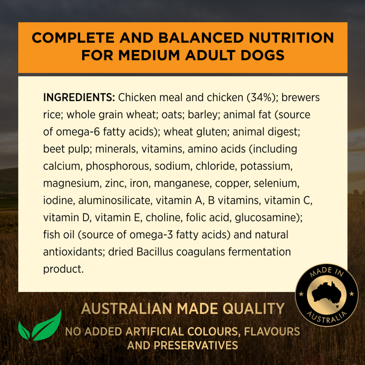 PRO PLAN Adult Medium ingredients panel: complete and balanced nutrition for medium adult dogs