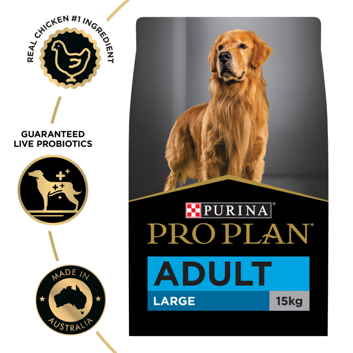 PRO PLAN Adult Large 15kg bag beside the chicken-first and live probiotics badges
