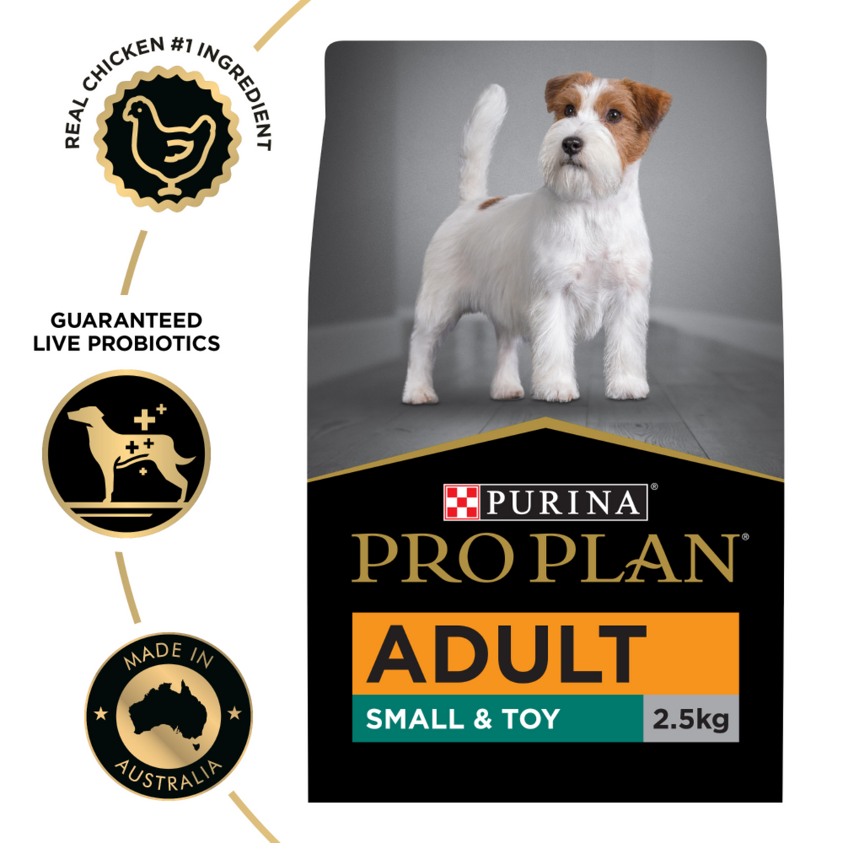 PRO PLAN Adult Small & Toy 2.5kg bag beside the chicken-first and live probiotics badges
