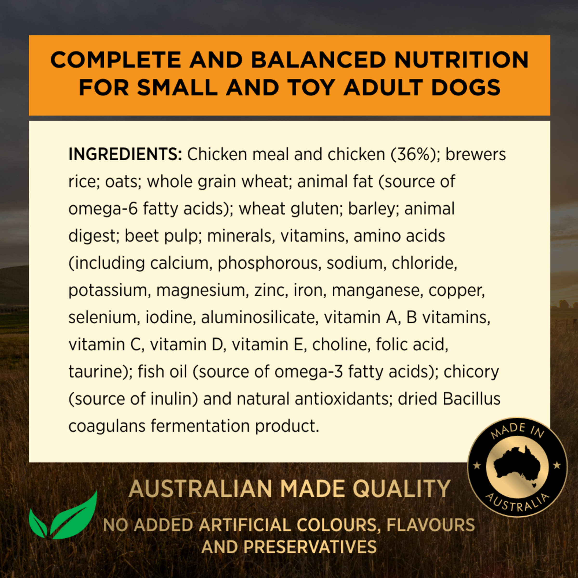 PRO PLAN Adult Small & Toy ingredients panel: complete and balanced nutrition for small and toy dogs