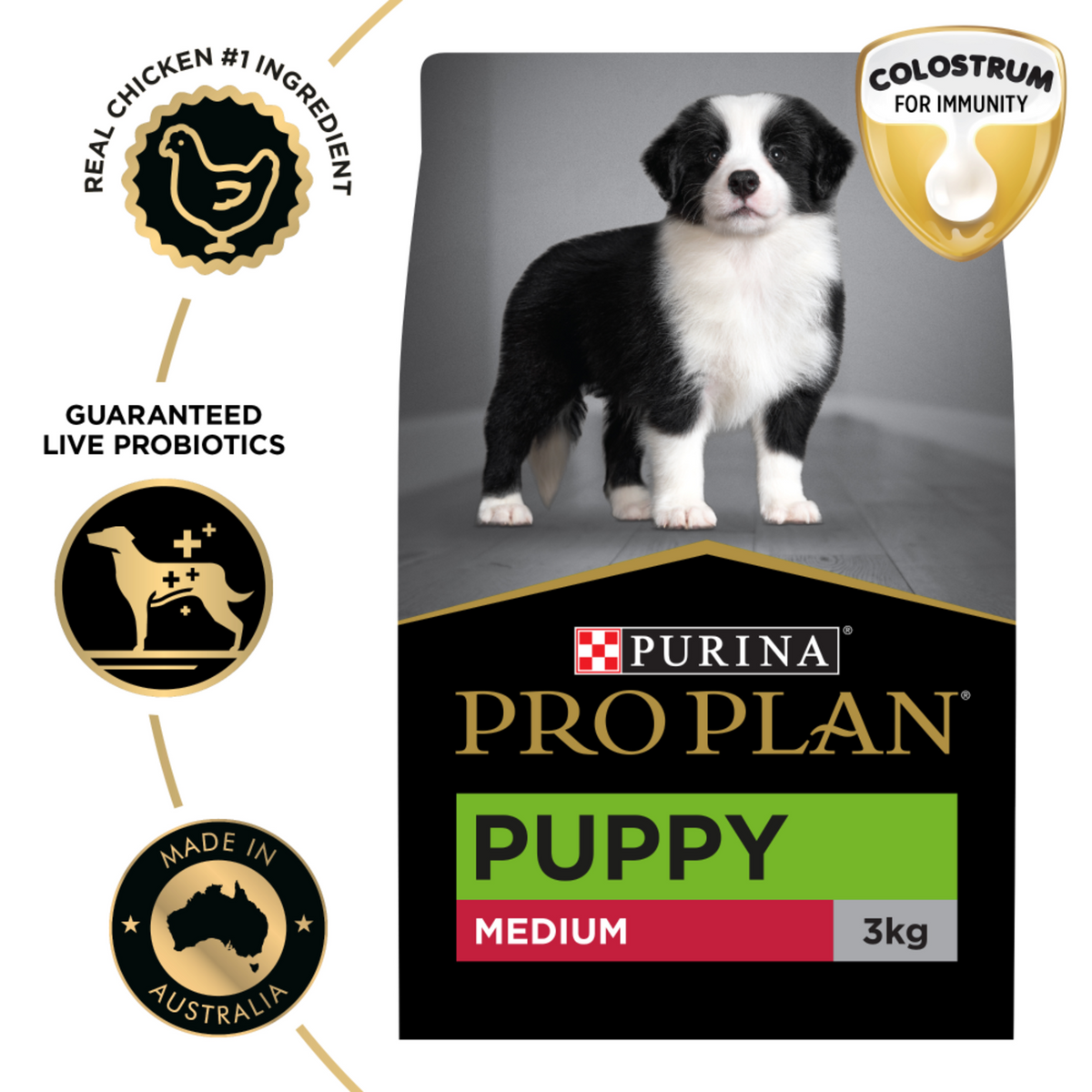 PRO PLAN Puppy Medium 3kg bag beside the chicken-first, live probiotics and colostrum badges