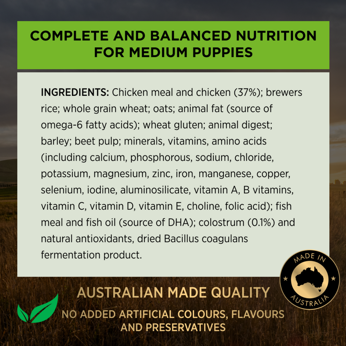 PRO PLAN Puppy Medium ingredients panel: complete and balanced nutrition for medium puppies