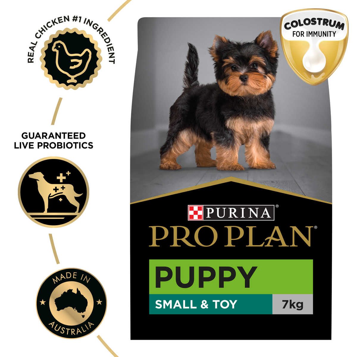 PRO PLAN Puppy Small & Toy 7kg bag beside the chicken-first, live probiotics and colostrum badges